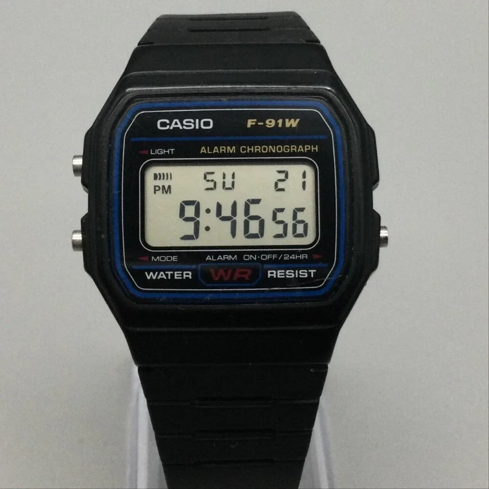 Casio 593 F-91W Mens Watch 33mm Black Resin Alarm Chronograph Backlight